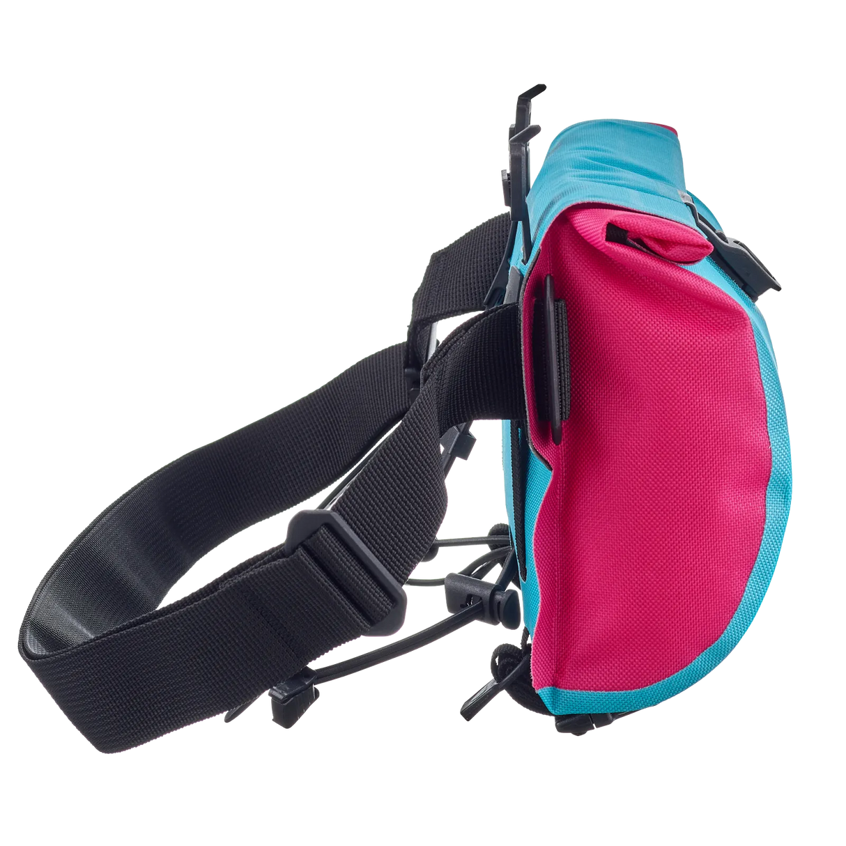 Compact handlebar bag in bright cyber blue and pink with black adjustable straps and buckle closures.