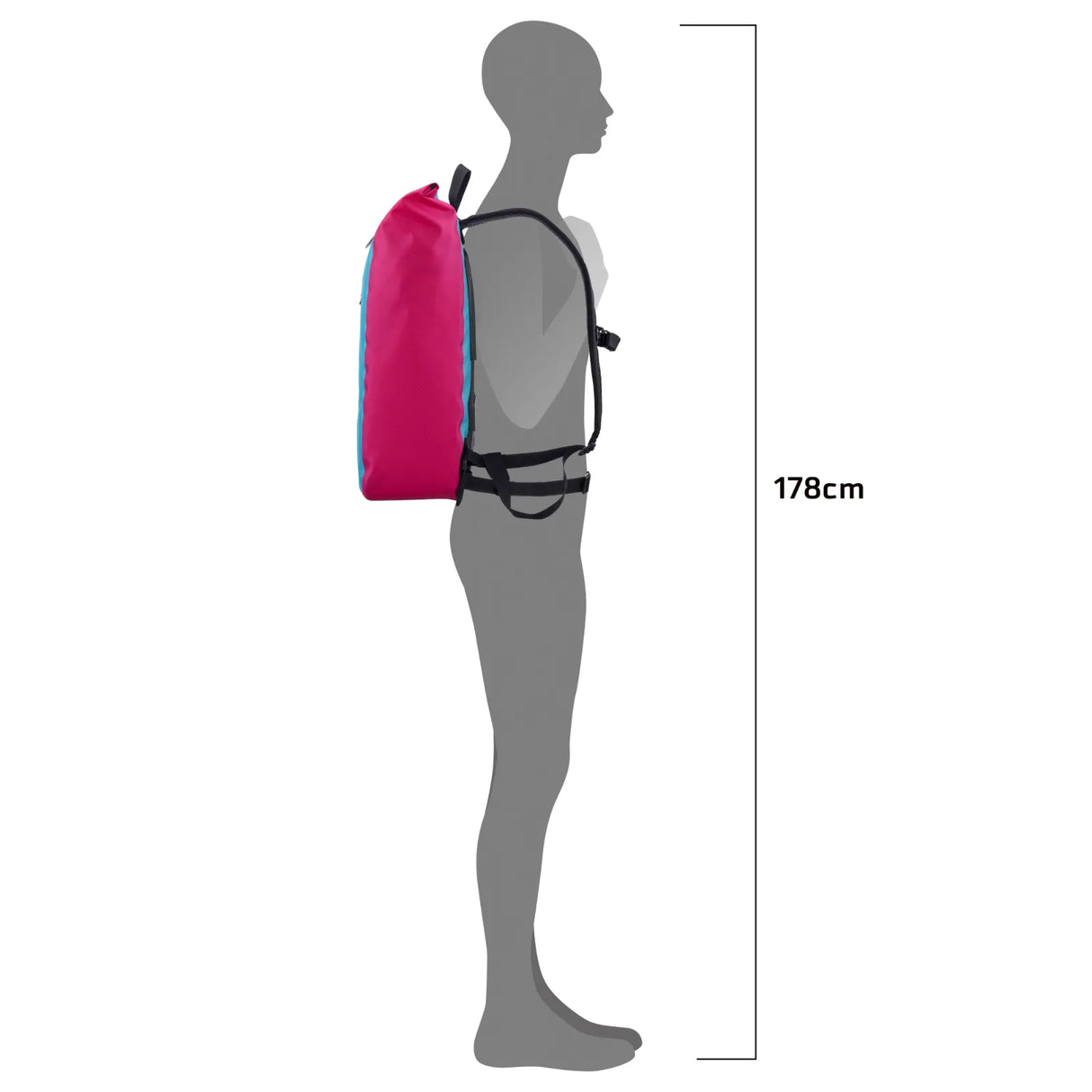 Cyber blue Ortlieb Velocity Lite 23L backpack worn on gray silhouette with height scale.