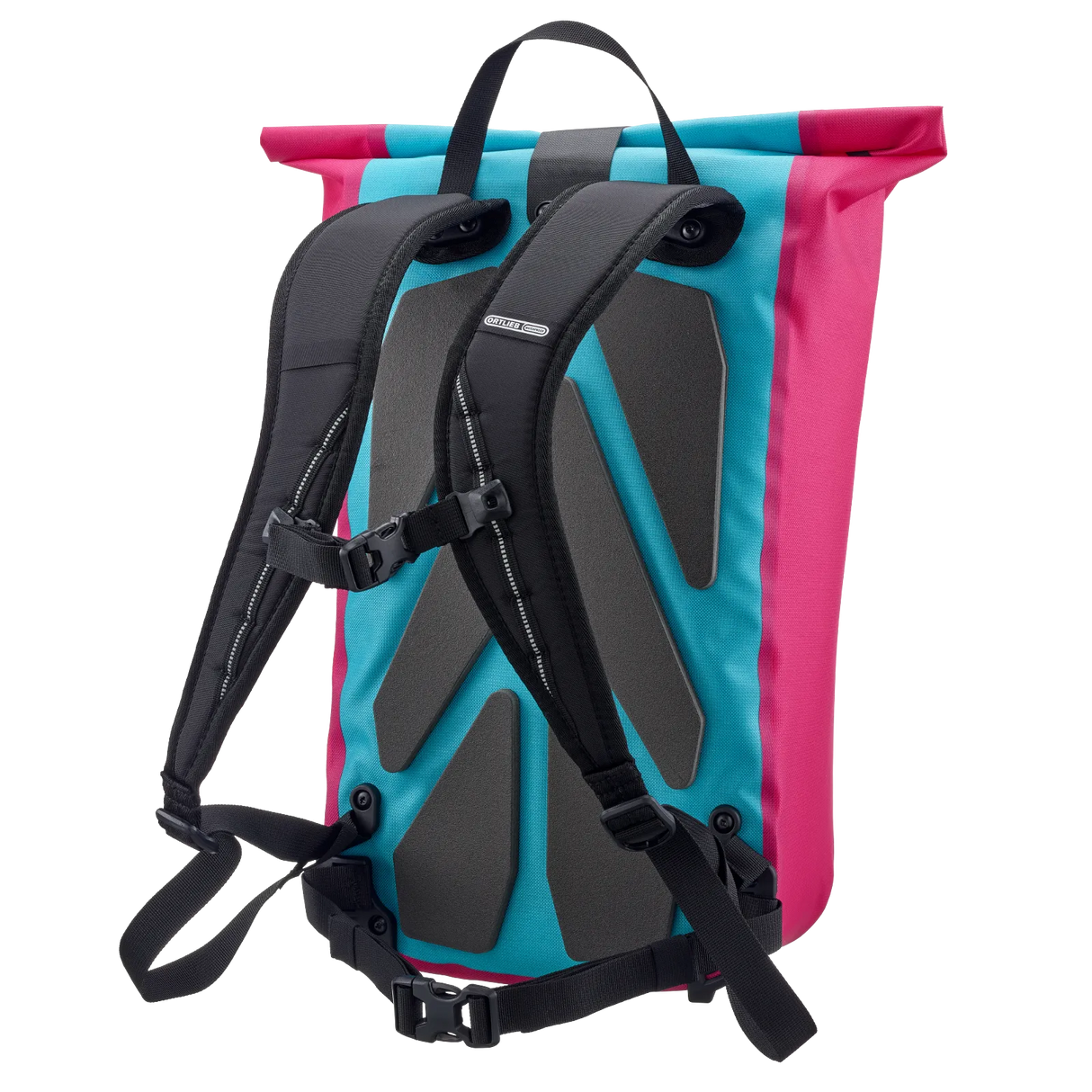 Cyber blue and bright pink roll-top backpack with padded back panel and adjustable black shoulder straps.