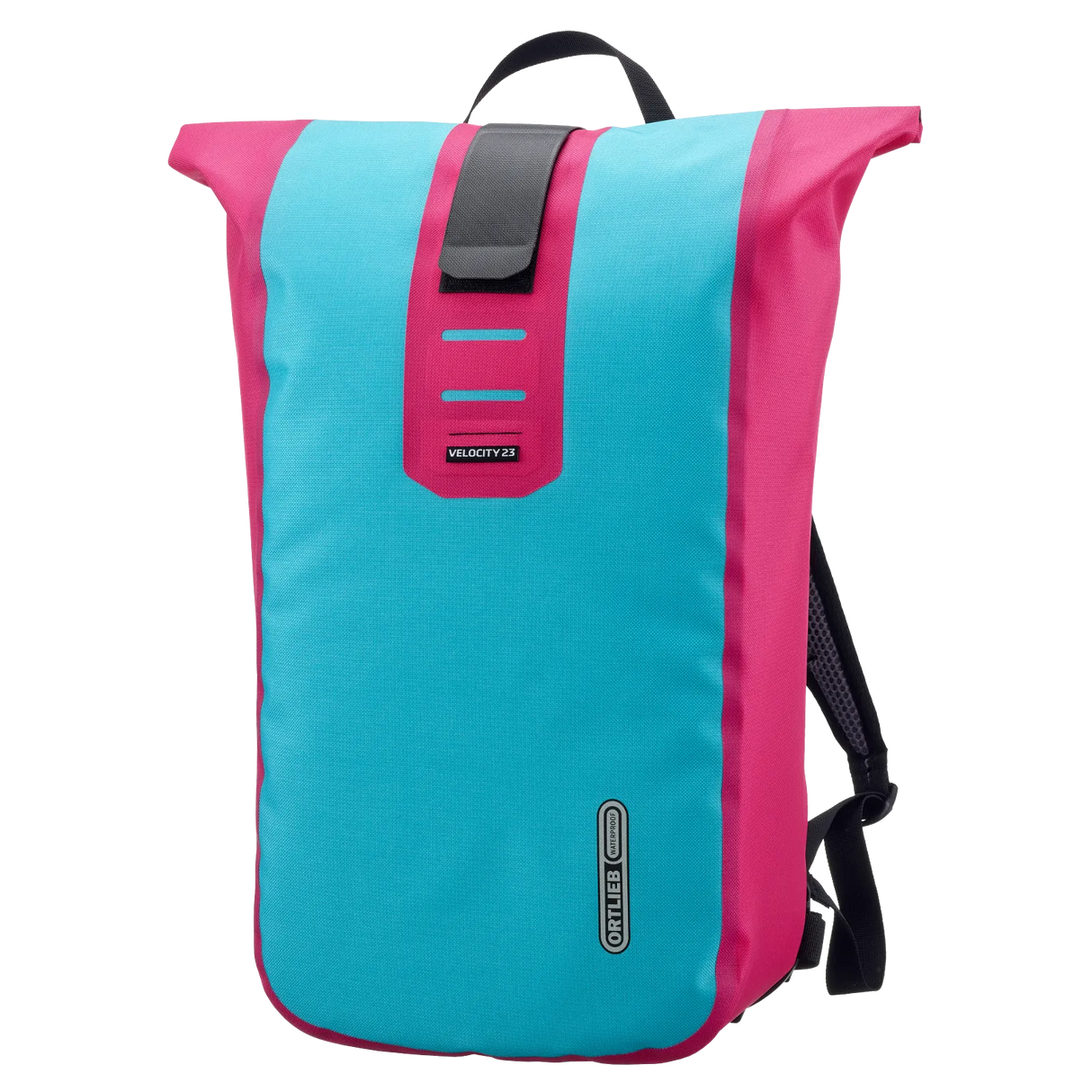 Cyber blue and pink roll-top backpack with black handle and reflective strip on front.