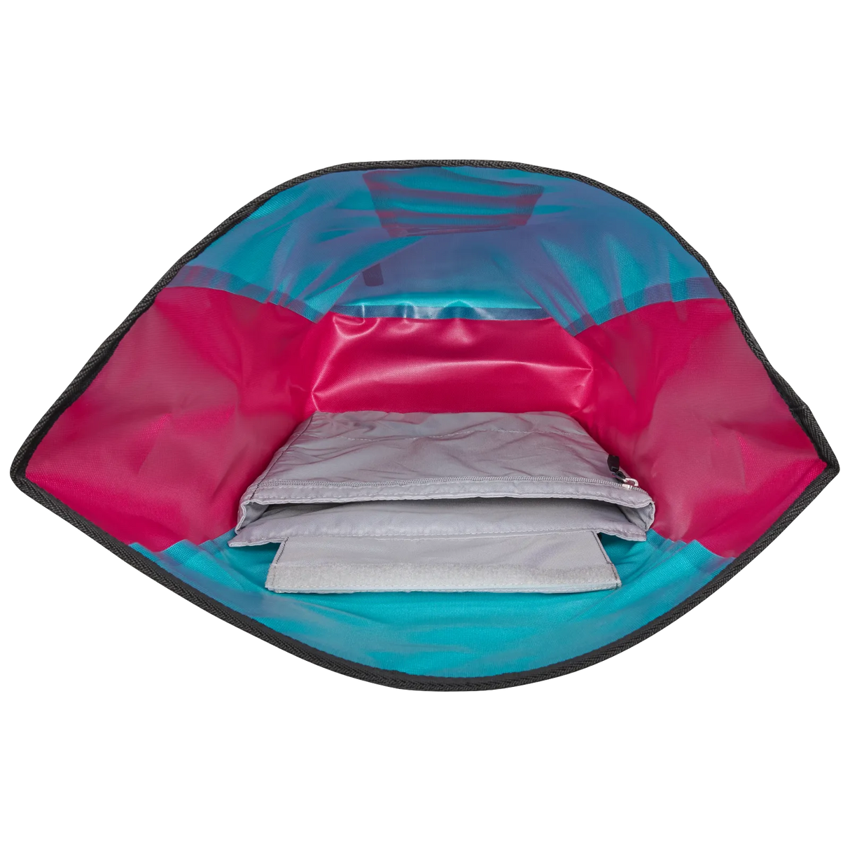 Open Ortlieb Velocity Lite 23L Cyber Blue backpack showing spacious interior with padded laptop compartment and vibrant pink .