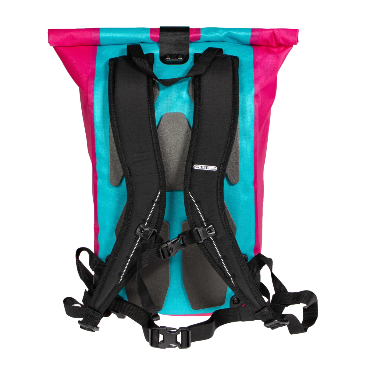 Cyber blue and pink roll-top backpack with black adjustable straps and padded back panel.