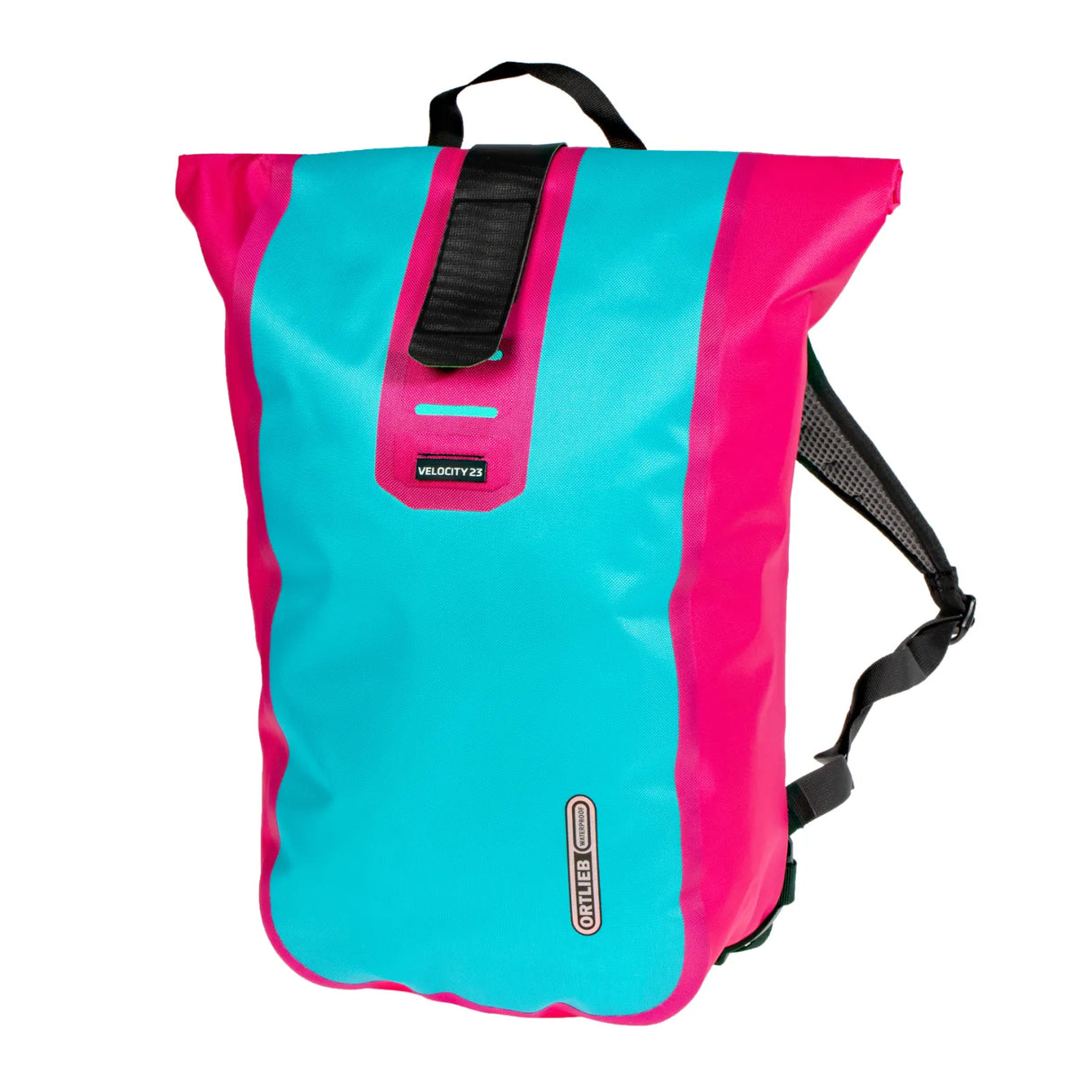 Bright cyan and pink roll-top waterproof backpack with black straps and clip closure.