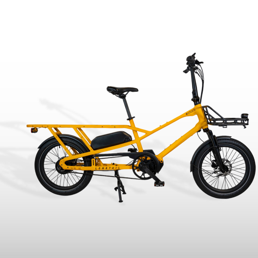 Yellow estarli eCargo Longtail L20 E-Bike with extended rear rack and front basket mount, perfect for urban family and cargo mobility.