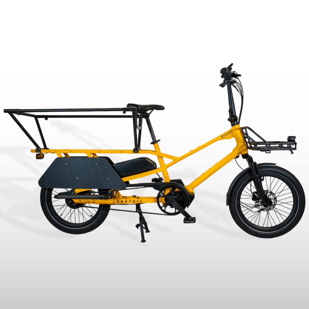Yellow estarli eCargo Longtail L20 E-Bike with rear rails and side panels, designed for family transport and heavy-duty cargo use.