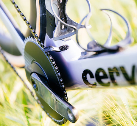 Close-up of Cervelo Aspero-5 SRAM Force AXS 1 Gravel Bike crankset and chainring, highlighting SRAM Force AXS 1x drivetrain.