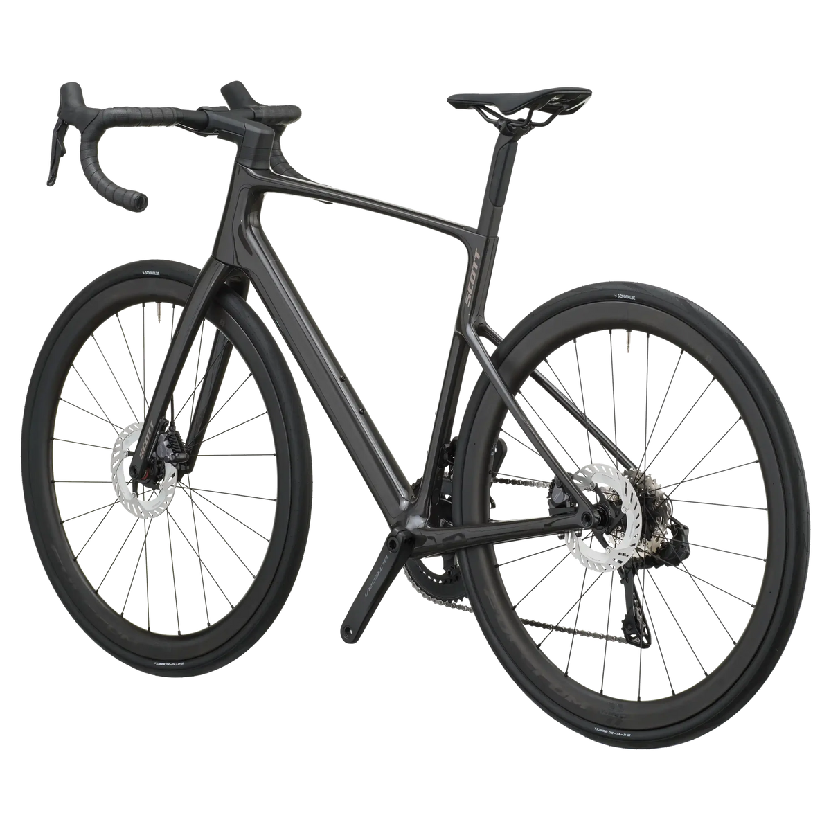 Carbon black Scott Addict 20 road bike from a rear three-quarter angle showing the dropped seat stays and disc rotors.