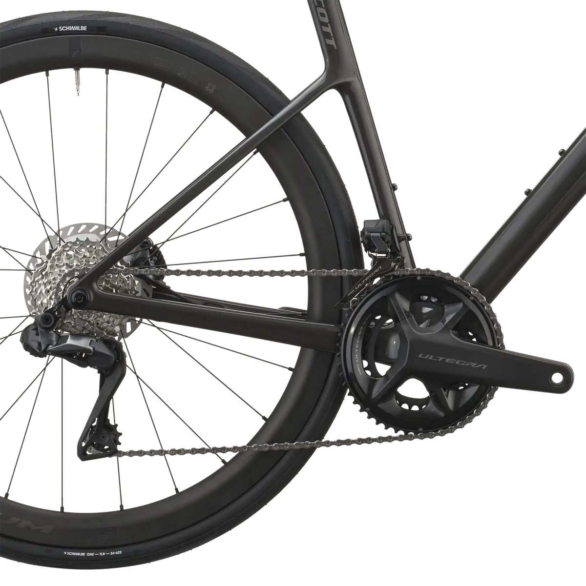 Shimano Ultegra drivetrain on the carbon black Scott Addict 20, with rear cassette, derailleur and Schwalbe One tyre.