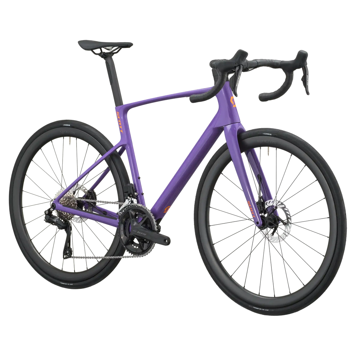 Nebula purple Scott Addict 30 road bike from a front three-quarter angle showing the aero head tube and drop bars.