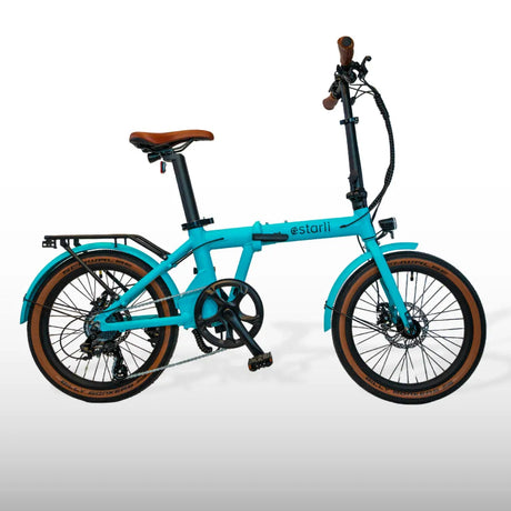 Turquoise estarli E20.7 Comfort Hybrid E-Bike with brown saddle and tires, combining retro aesthetics with modern electric cycling features.