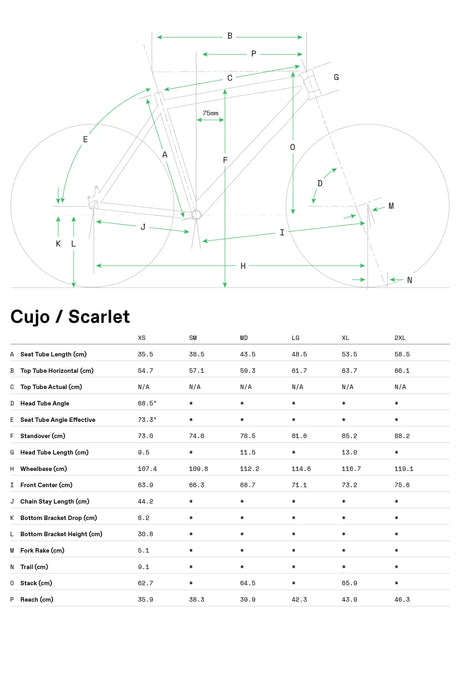 Geometry chart for the Cannondale Cujo 1 Kids Mountain Bike, available in sizes XS to 2XL. It includes detailed measurements such as seat tube length, top tube, head tube angle, standover height, wheelbase, front center distance, and more. Diagrams with labeled dimensions illustrate the bike's frame structure.