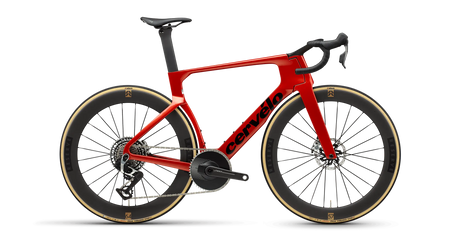 Cervélo S5 Red XPLR AXS 1 Road Bike featuring aerodynamic carbon frame, deep-section wheels, and SRAM Red drivetrain for high-speed performance.