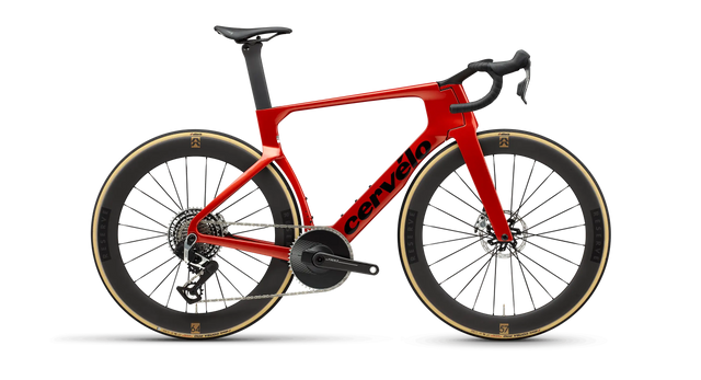 Cervélo S5 Red XPLR AXS 1 Road Bike featuring aerodynamic carbon frame, deep-section wheels, and SRAM Red drivetrain for high-speed performance.