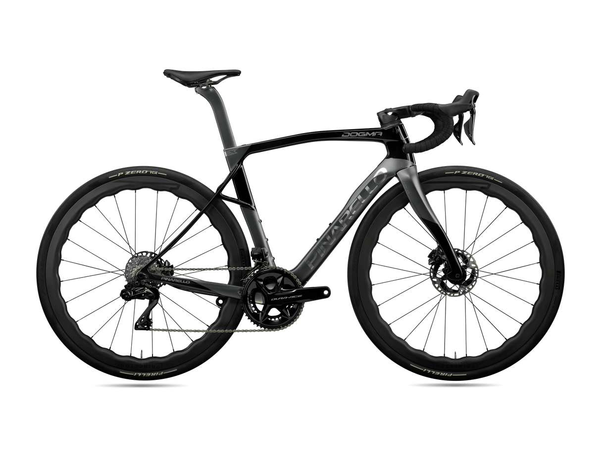 Pinarello Dogma X Endurance Road Bike in matte black and silver, designed for comfort and speed on long rides. Shop at Billy Bilsland Cycles.