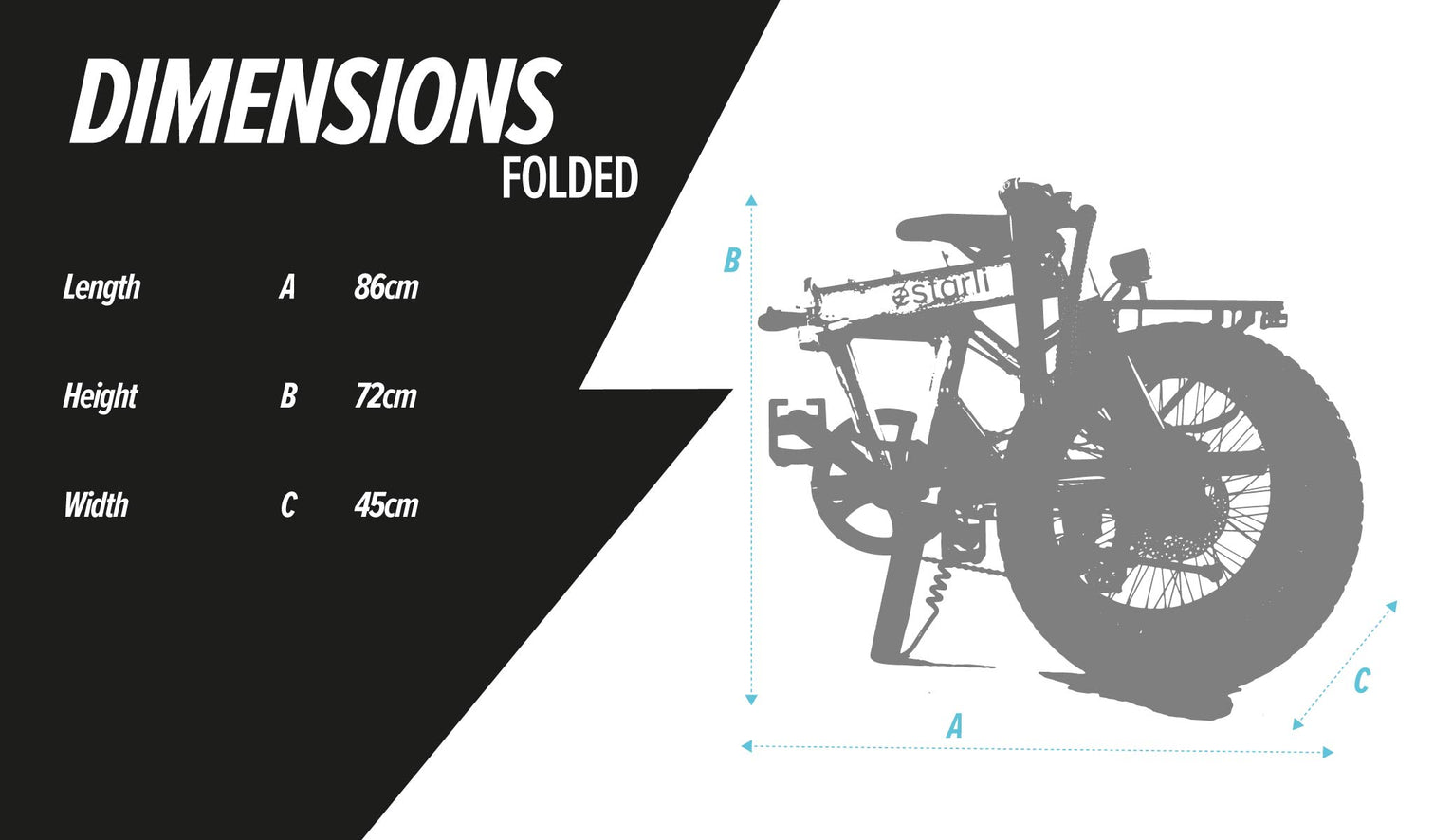 Folded dimensions chart of the estarli E20.8 Play Hybrid E-Bike, highlighting its compact size for easy transport and storage.