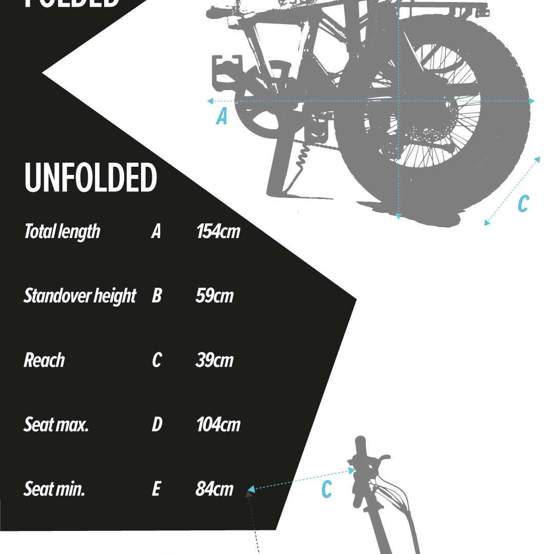 Combined unfolded and folded dimension chart of the estarli E20.8 Play Hybrid E-Bike for comparison of size and portability.