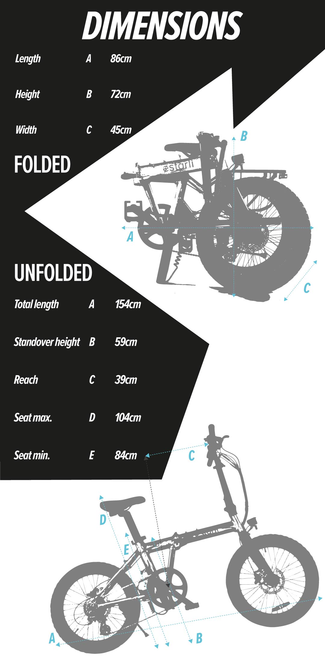 Combined unfolded and folded dimension chart of the estarli E20.8 Play Hybrid E-Bike for comparison of size and portability.