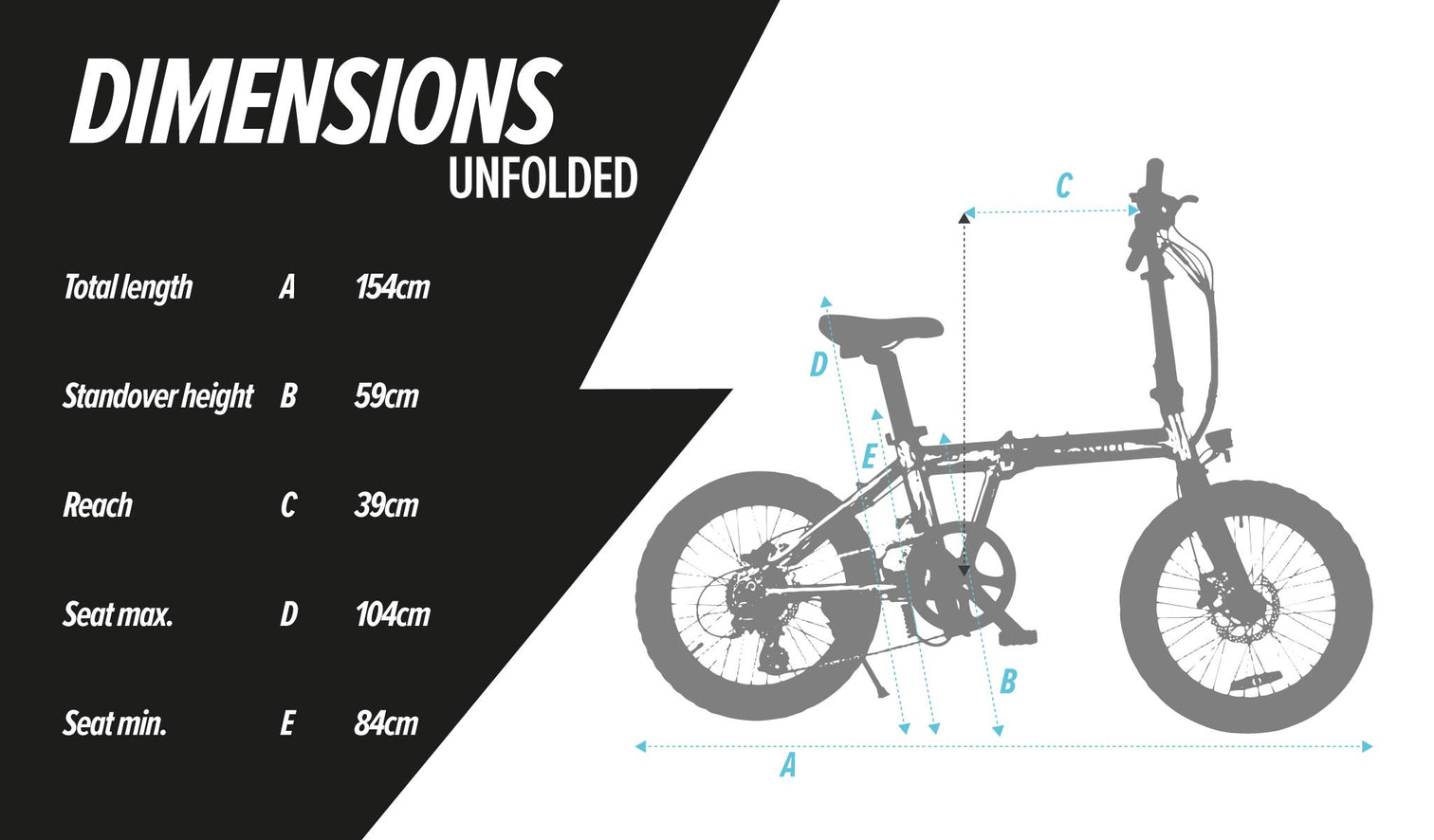 Unfolded dimensions chart of the estarli E20.8 Play Hybrid E-Bike showing measurements for full-size riding setup.