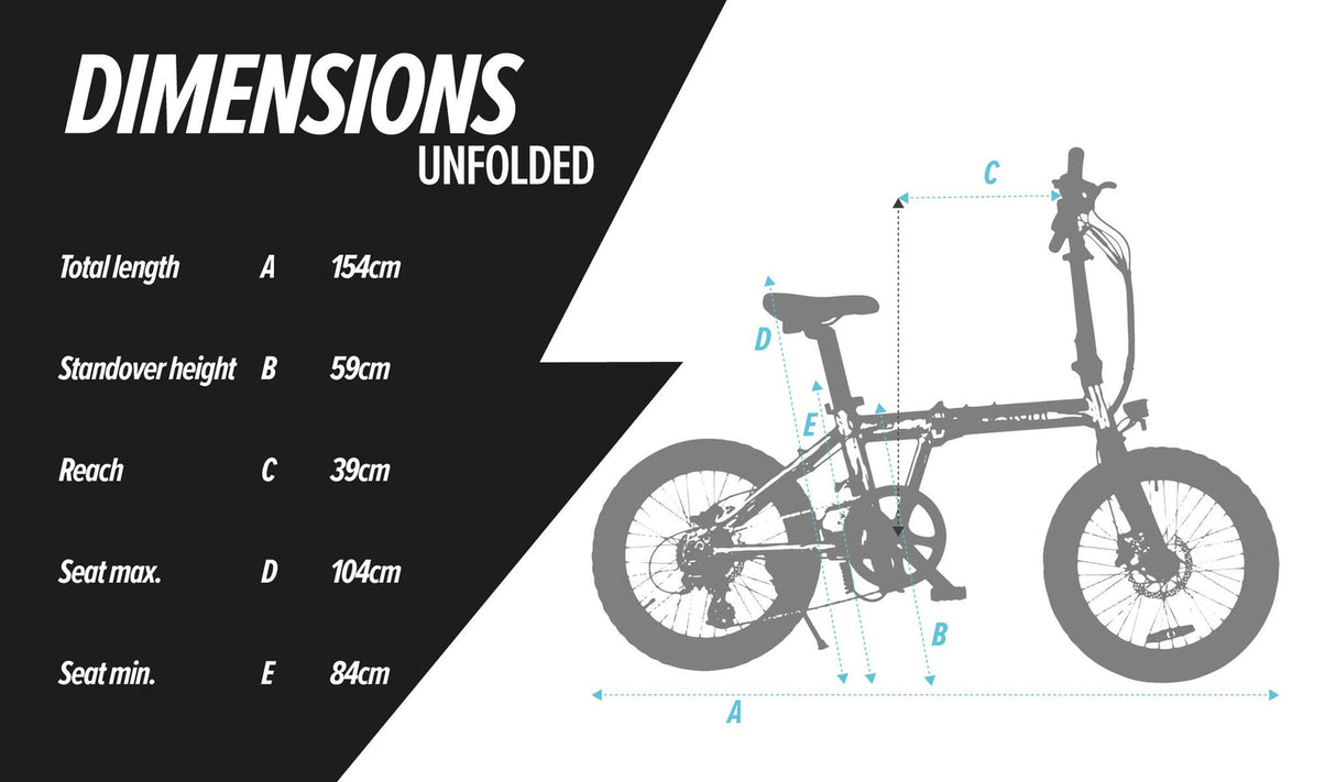 Unfolded dimensions chart of the estarli E20.8 Play Hybrid E-Bike showing measurements for full-size riding setup.