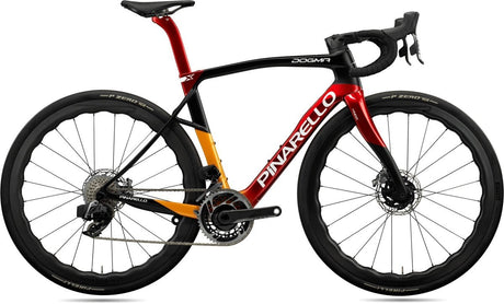 Red, orange, and black Pinarello Dogma X Endurance Road Bike featuring aerodynamic frame and disc brakes. Buy now at Billy Bilsland Cycles.