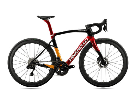 Pinarello Dogma X Endurance Road Bike in red, orange, and black gradient, optimized for endurance and performance. Available at Billy Bilsland Cycles.