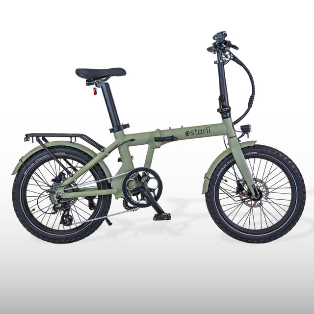 Olive green estarli E20.8 Play Hybrid E-Bike with compact frame and fat tires, ideal for urban and off-road cycling adventures.