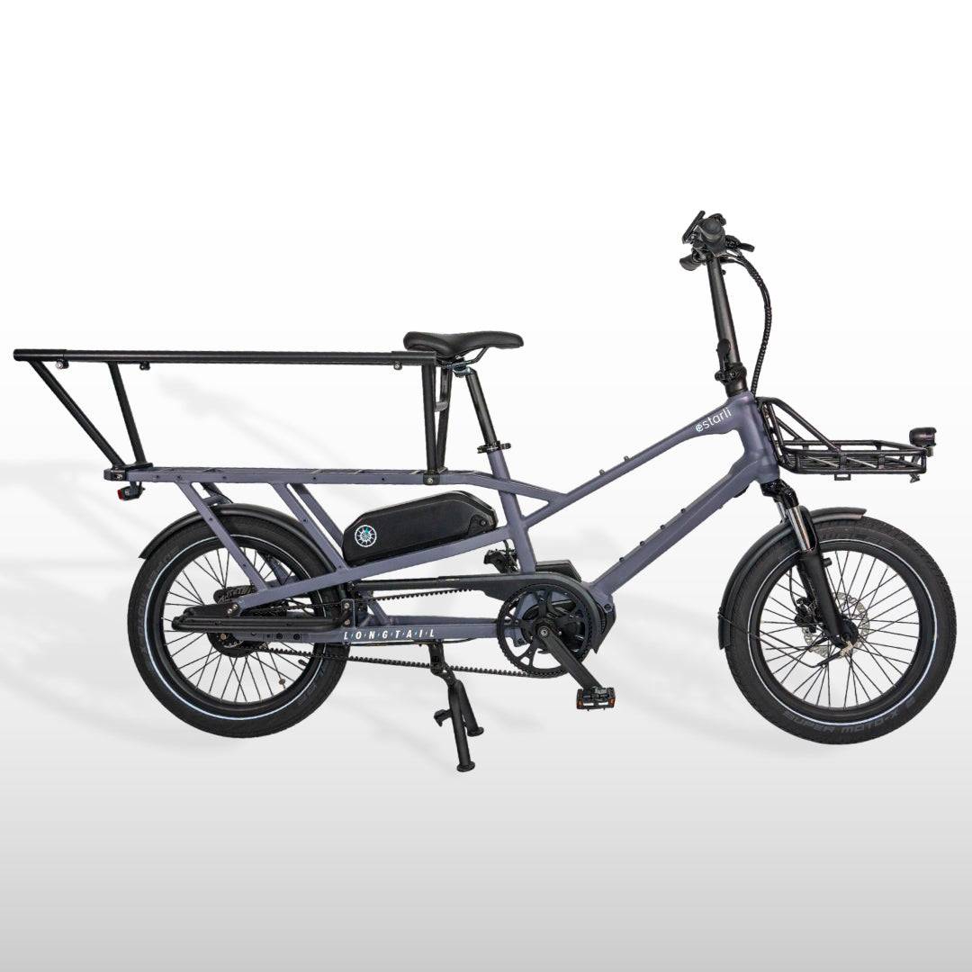 Grey estarli eCargo Longtail L20 E-Bike with rear cargo rails and side panels, optimized for carrying passengers or heavy loads.