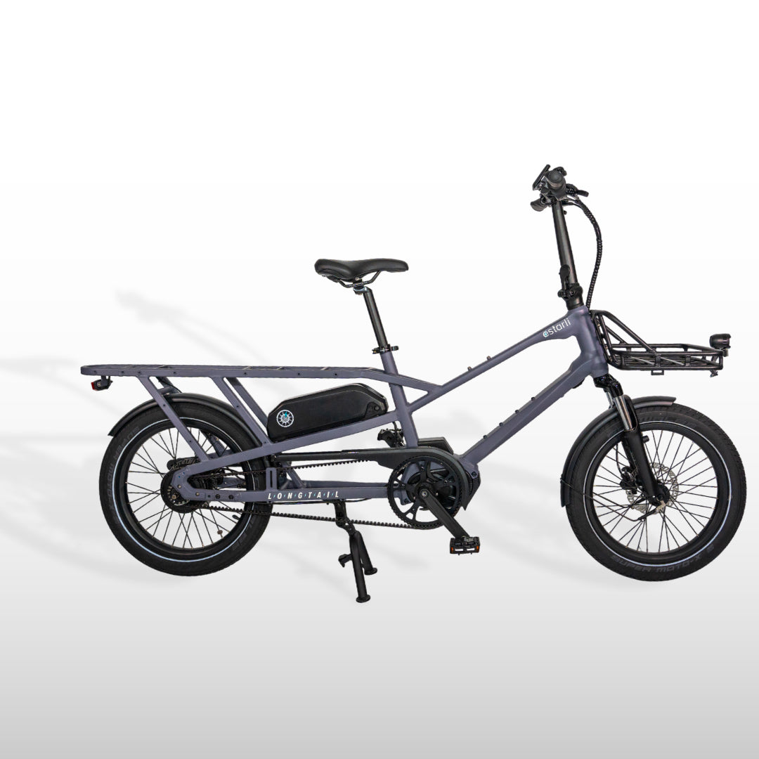 Grey estarli eCargo Longtail L20 E-Bike featuring a longtail frame and front basket mount, ideal for urban commuting and cargo hauling.