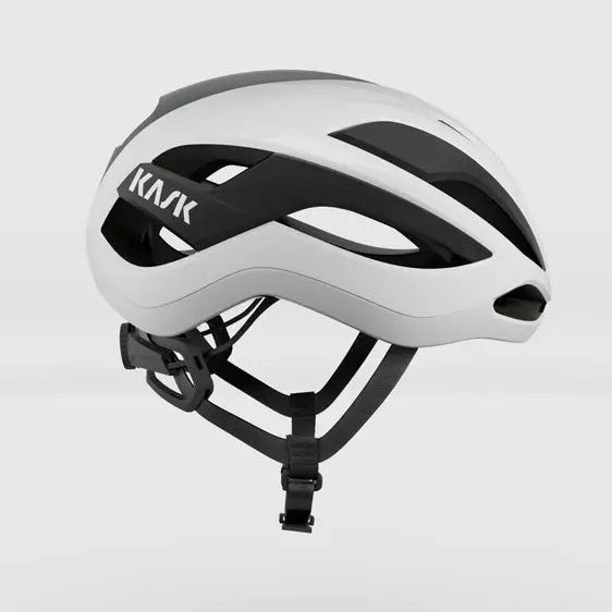 Kask Elemento road helmet in white, side view on a grey background