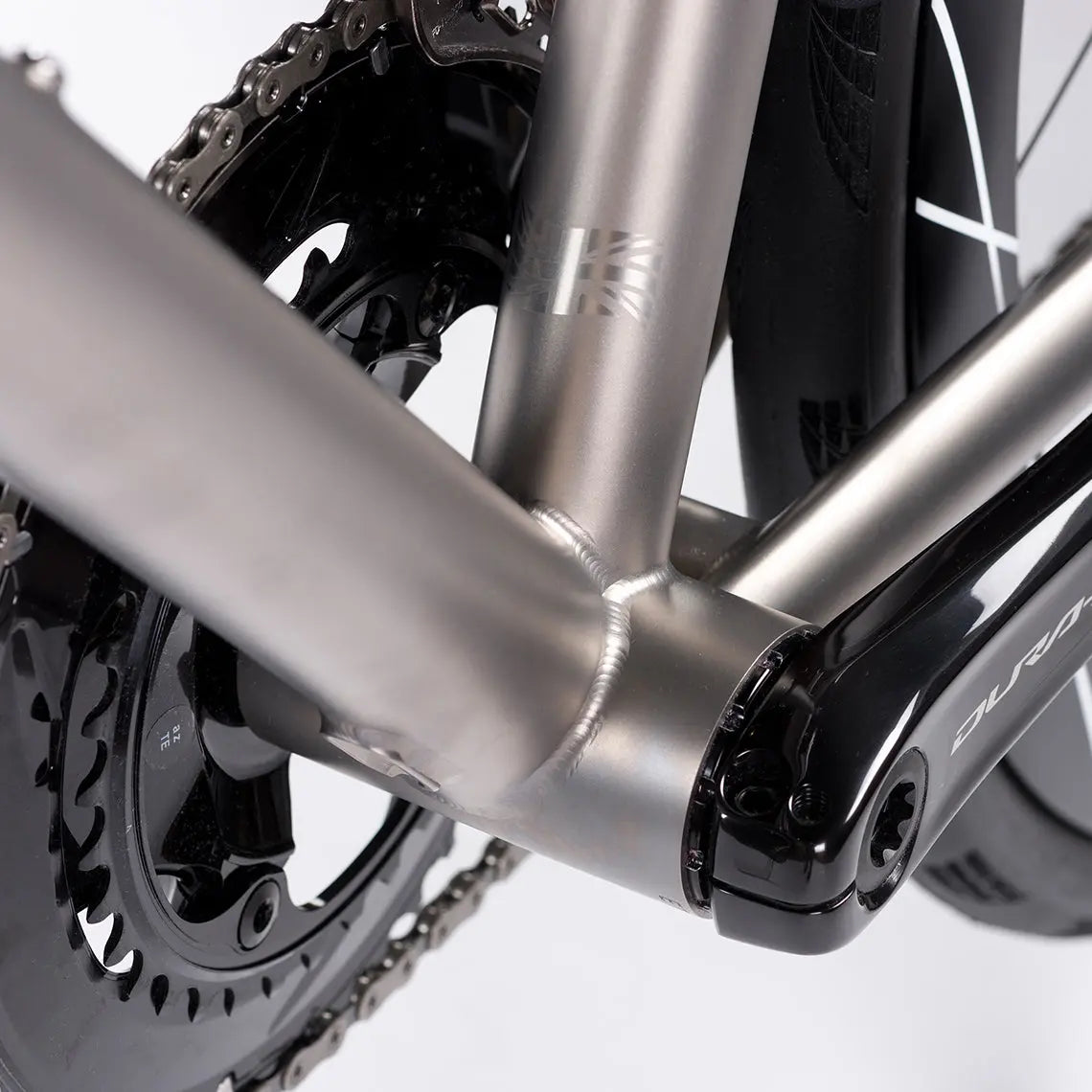 Titanium frame and chainring of Enigma Evoke bike