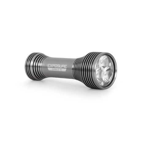 Gray flashlight with 'Exposure' branding on a white background