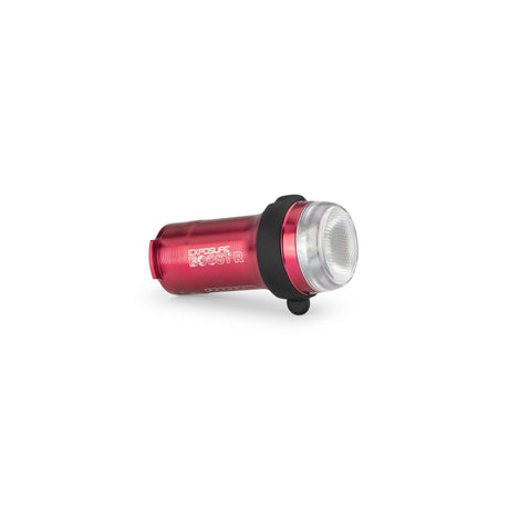 Red and black exposure bike light on a white background