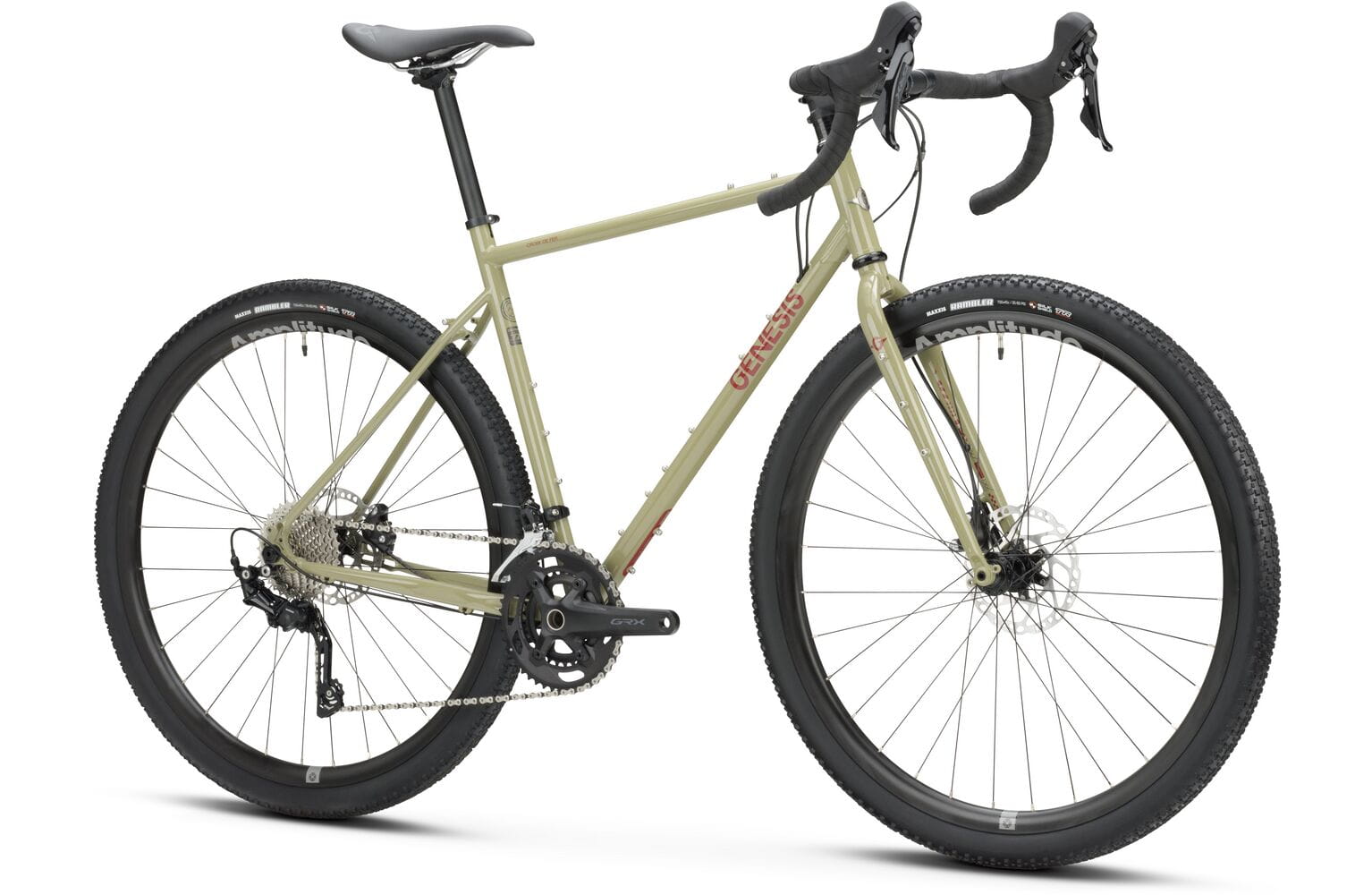 Angled view of the 2025 Genesis Croix De Fer 30 Gravel Bike highlighting drop handlebars, disc brakes, and durable frame for gravel riding.