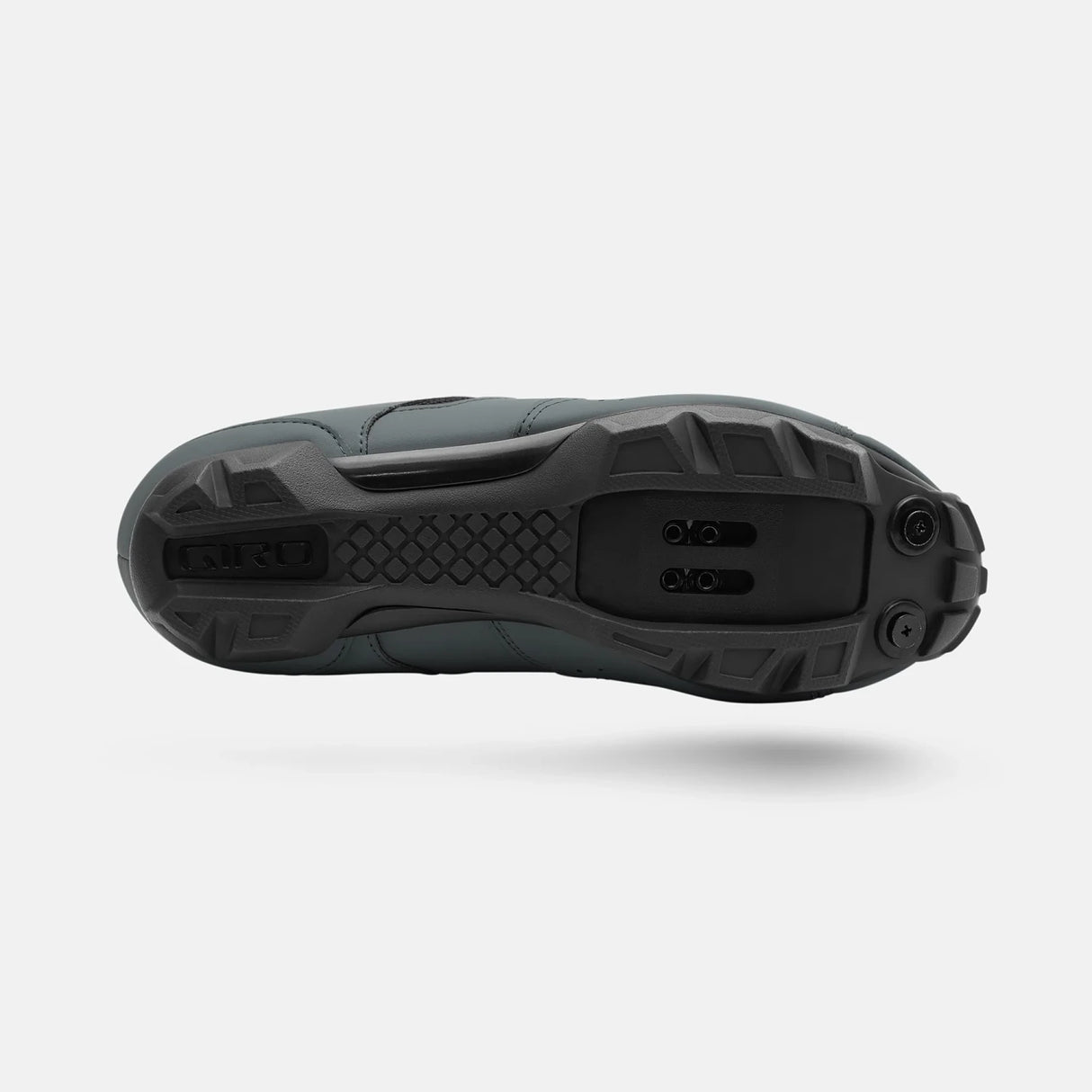 Bottom view of Giro Cylinder II MTB Cycling Shoe in gray, showing cleat mount area and grippy outsole for off-road cycling stability.