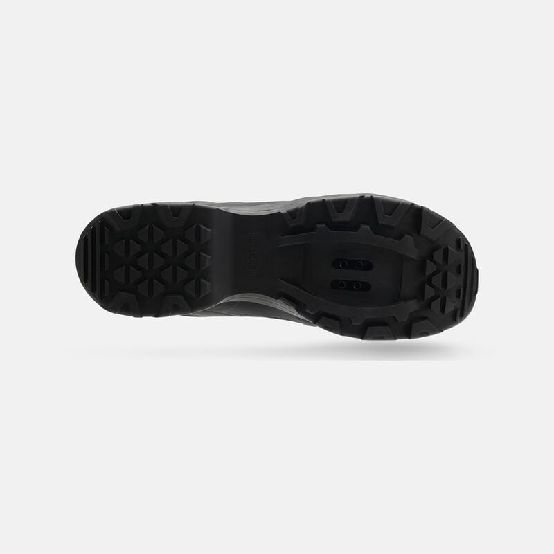 Bottom view of Giro Gauge MTB Shoe with lugged rubber outsole and cleat compatibility, built for traction and efficient pedaling on rough terrain.