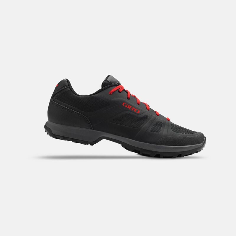 Giro Gauge MTB Shoe in black with red accents, featuring a rugged design ideal for mountain biking. Lightweight and durable for trail performance.