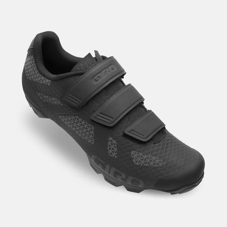 Top angled view of black Giro Ranger MTB Cycling Shoe showing breathable upper and secure three-strap closure for trail-ready support.