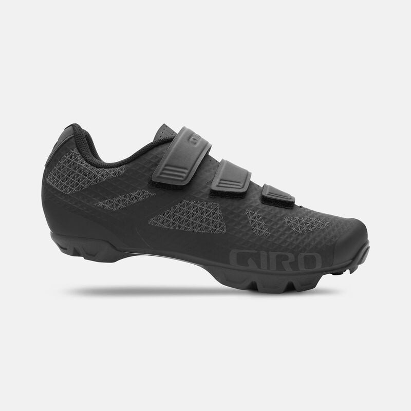 Giro Ranger MTB Cycling Shoe in black with rugged tread and triple hook-and-loop straps, ideal for XC mountain biking performance.