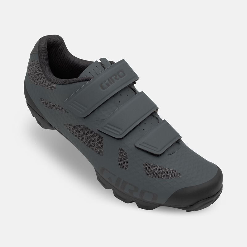 Top angled view of grey Giro Ranger MTB Cycling Shoe highlighting breathable mesh panels and triple strap closure for a secure fit.