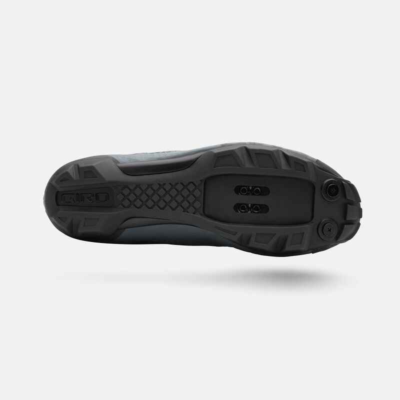 Bottom view of grey Giro Ranger MTB Cycling Shoe showing grippy rubber outsole and cleat mount system for off-road cycling efficiency.