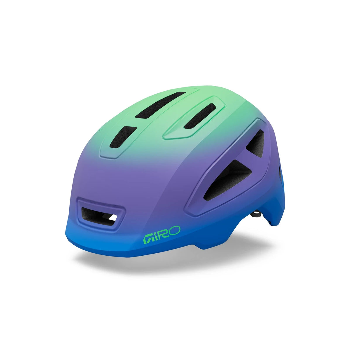 Giro Scamp II youth helmet in Blue Green, a green, purple and blue fade, front three-quarter view