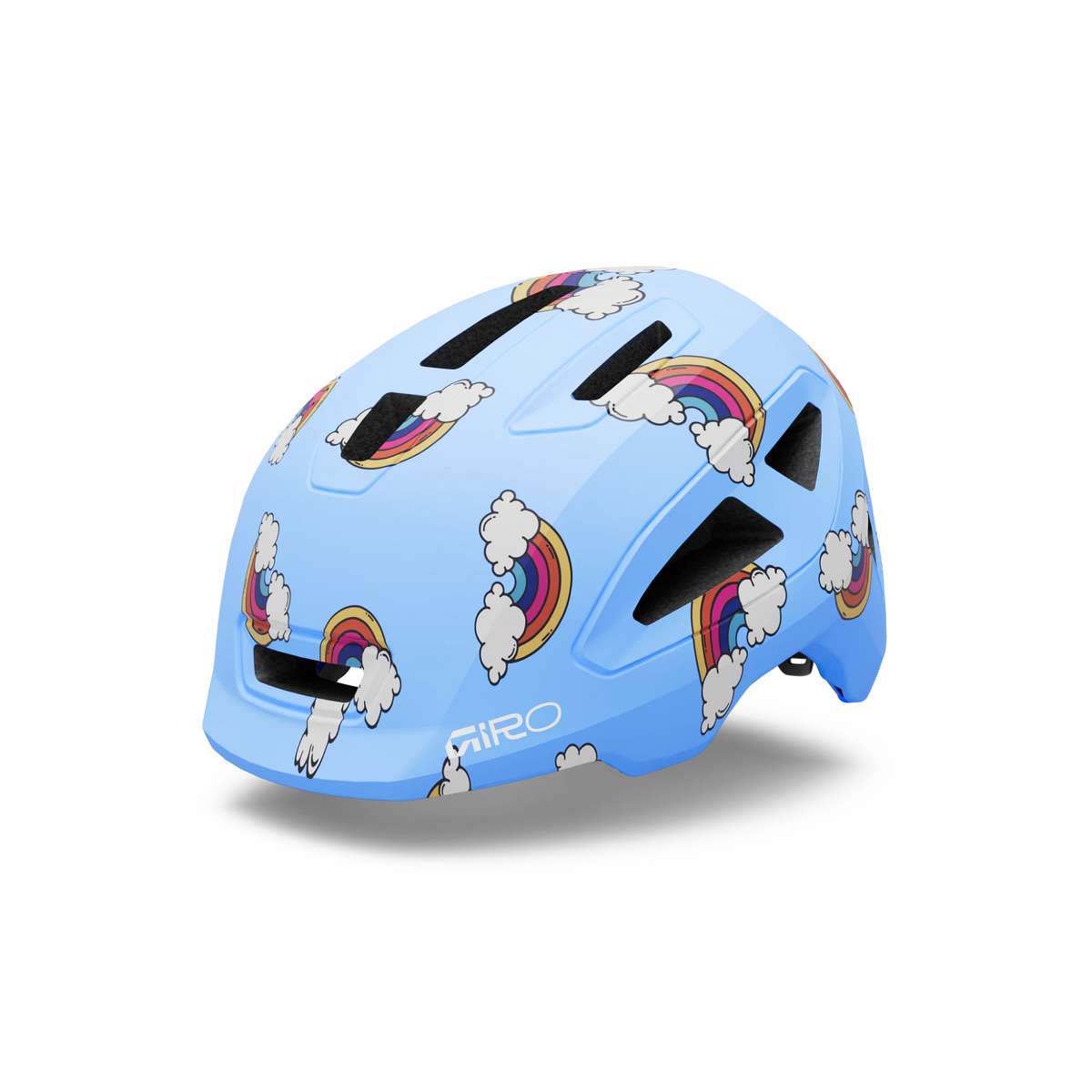 Giro Scamp II youth helmet in Multi Color, light blue with a rainbow and cloud print, front three-quarter view