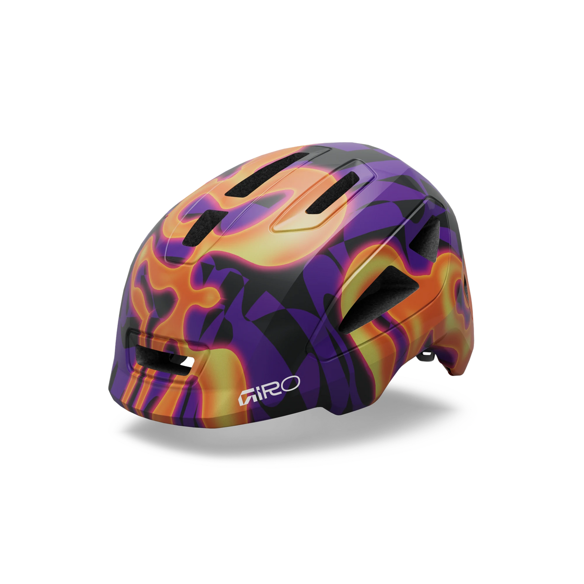 Giro Scamp II youth helmet in Purple Lava, a purple and orange pattern, front three-quarter view