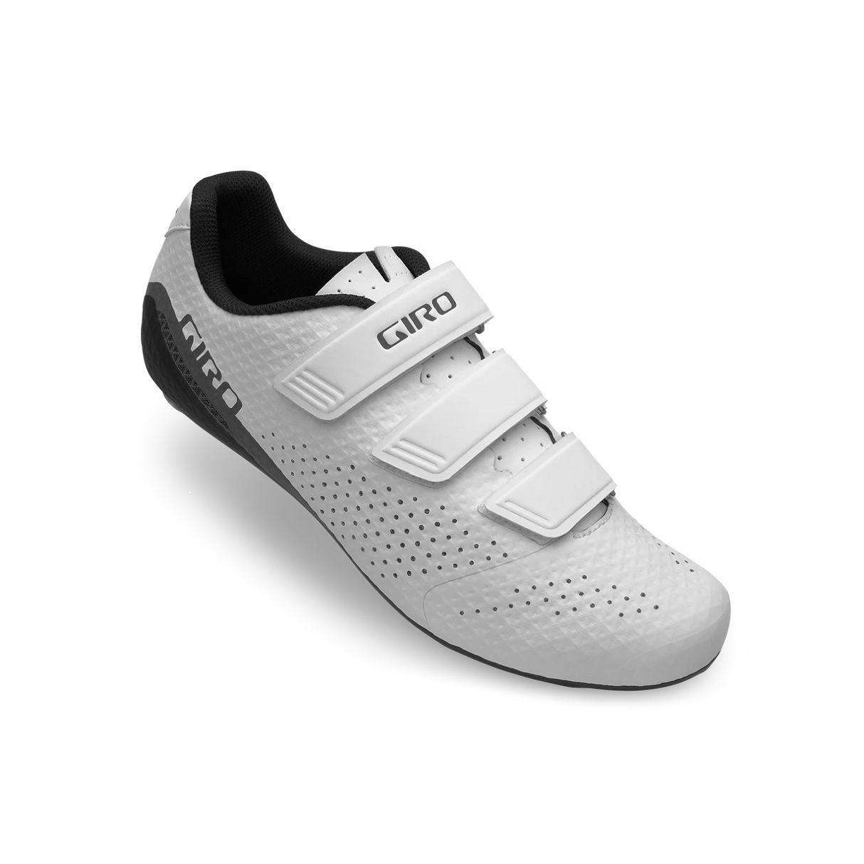 Angled view of Giro Stylus Road Cycling Shoe showing breathable perforated upper, ergonomic design, and reinforced heel for road cycling performance.