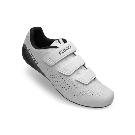 Angled view of Giro Stylus Road Cycling Shoe showing breathable perforated upper, ergonomic design, and reinforced heel for road cycling performance.