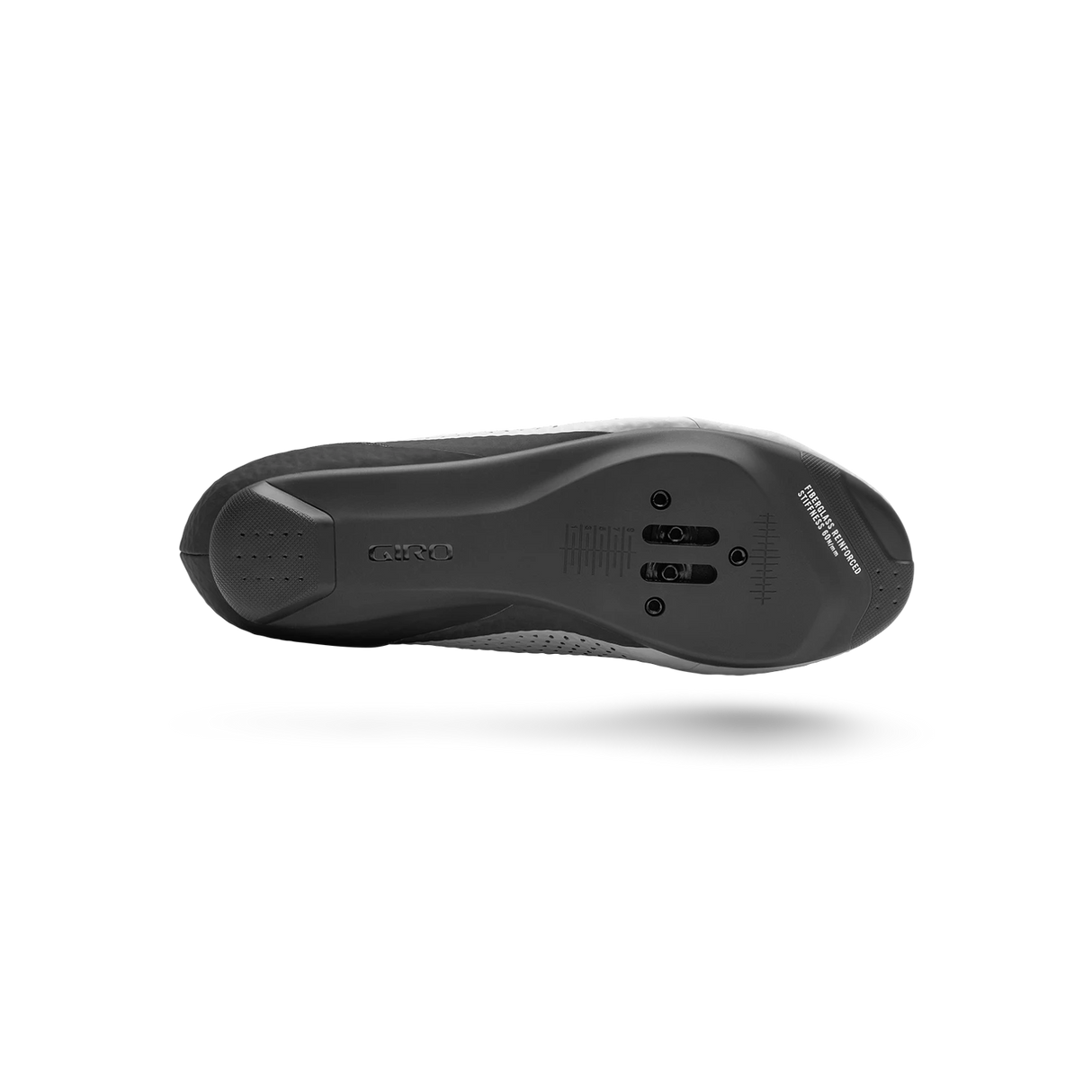 Bottom view of Giro Stylus Road Cycling Shoe highlighting durable nylon outsole with 3-bolt cleat compatibility for efficient power transfer.