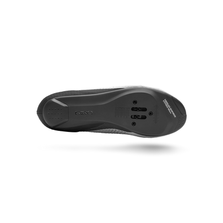 Bottom view of Giro Stylus Road Cycling Shoe highlighting durable nylon outsole with 3-bolt cleat compatibility for efficient power transfer.