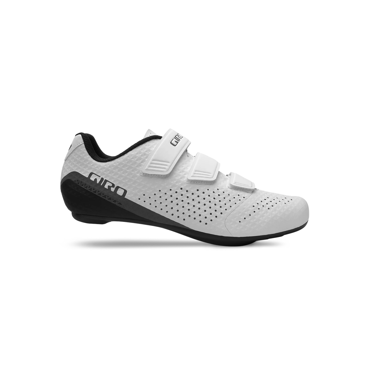 Giro Stylus Road Cycling Shoe in white with black heel, featuring a sleek Synchwire upper and triple hook-and-loop closure for secure fit and ventilation.