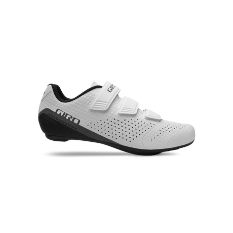 Giro Stylus Road Cycling Shoe in white with black heel, featuring a sleek Synchwire upper and triple hook-and-loop closure for secure fit and ventilation.