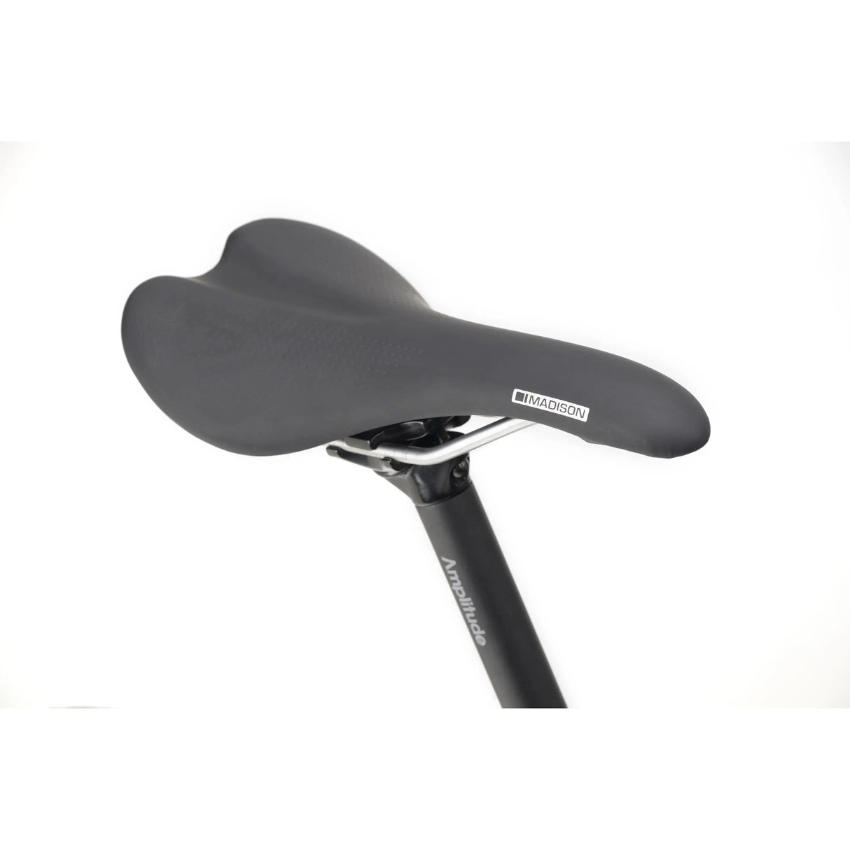 Black ergonomic bicycle saddle on a black seatpost with a white background.